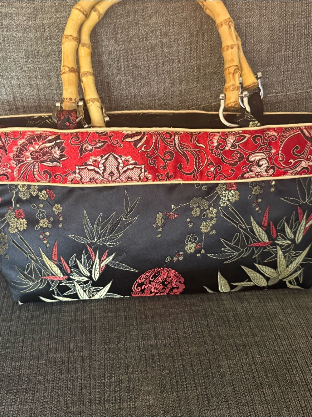 Black and Red Floral Satin Tote with Bamboo Handles
